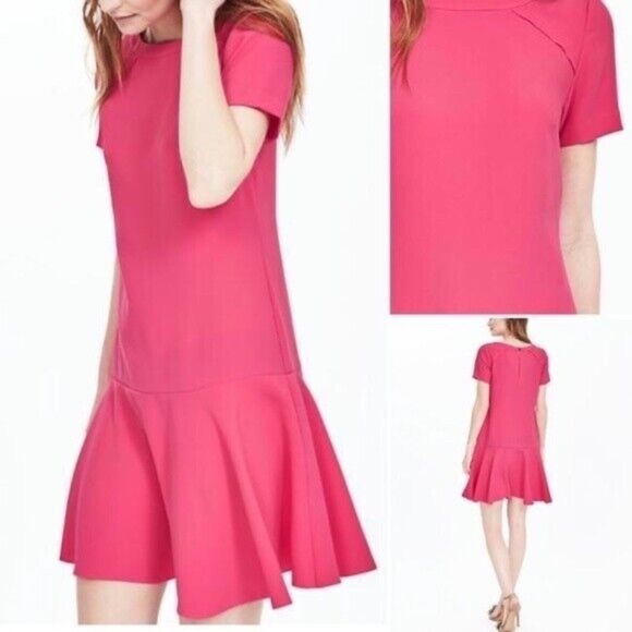 Banana Republic Short Sleeve Solid Flounce Dress Bright Pink Barbie Sz 4 - Picture 1 of 13